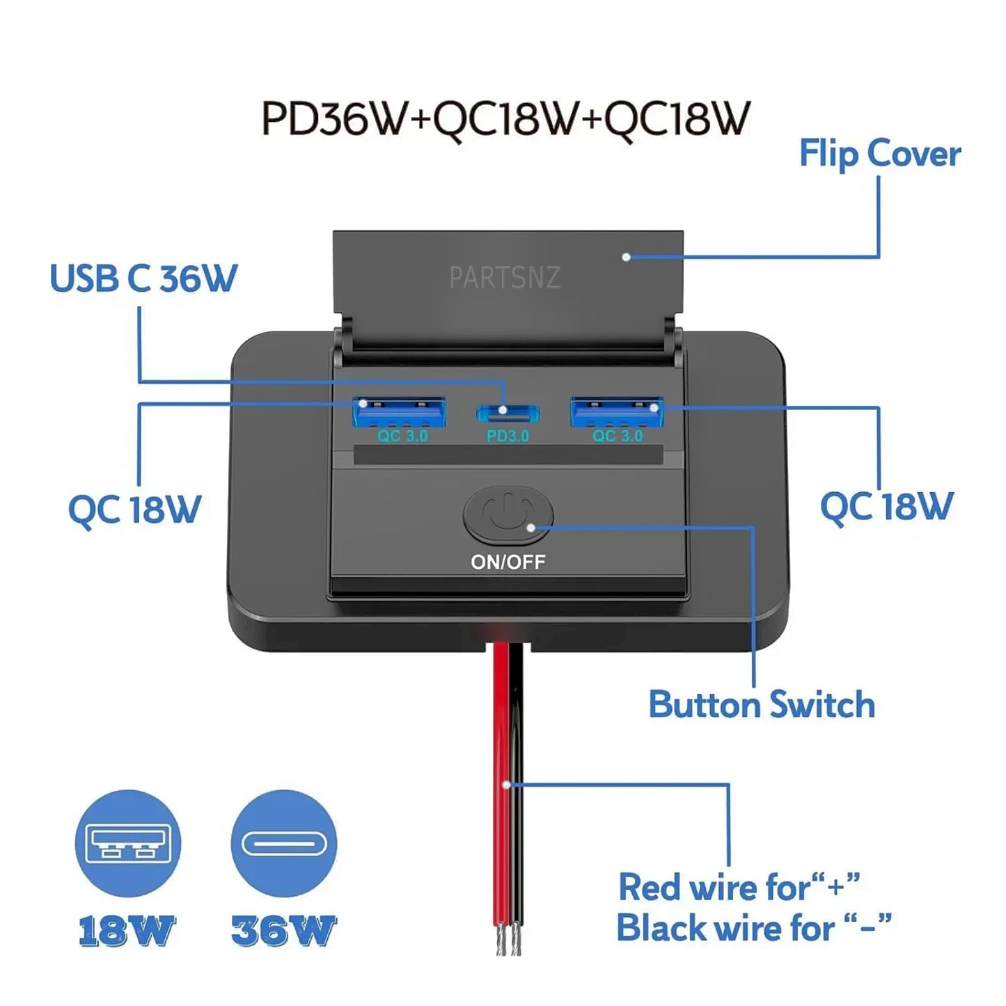 3-Port 12v / 24v USB Outlet Panel Wall Mount Charger - PARTSNZ - Premium Parts