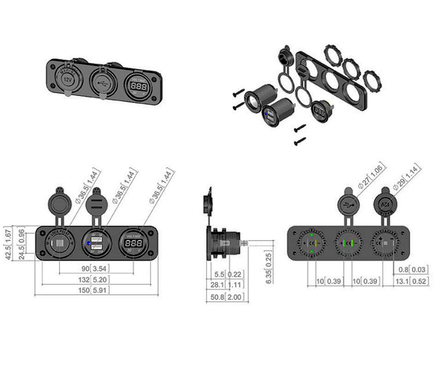 Voltmeter Dual USB & 12 Volt Socket Outlet - 3 in 1 Panel