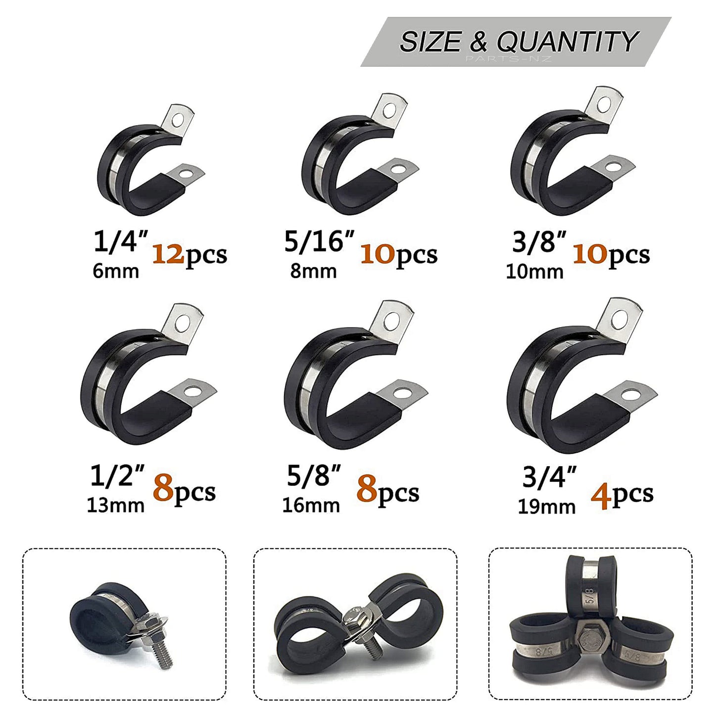 Stainless Steel Rubber Cushioned Clamps In 6 Different Sizes x 52pcs