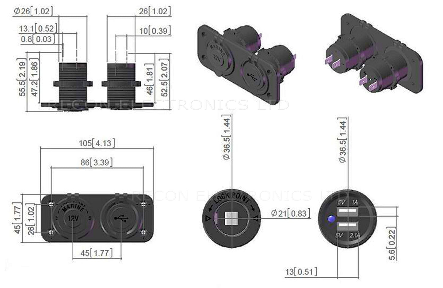 USB Socket & 12 Volt Lighter Socket - Dual 2 in 1 Panel