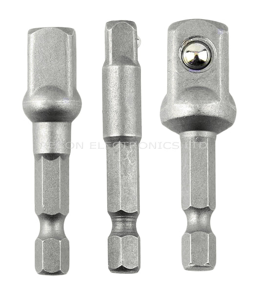 Hex Drive Into Square Drive Adaptor For Sockets 1/4" + 3/8" + 1/2"  Drive Set