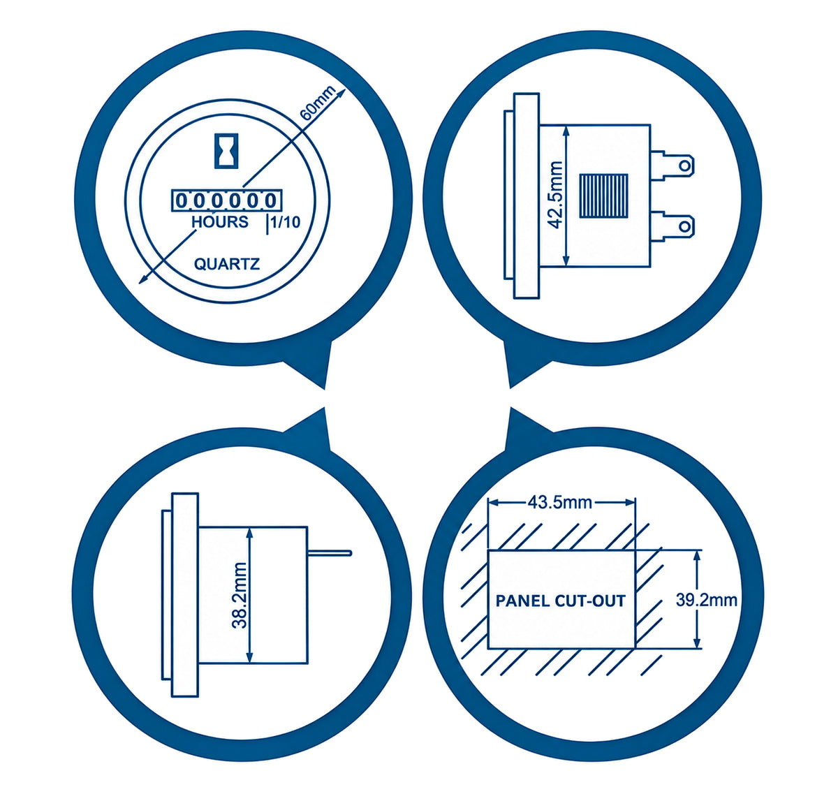 Hour Meter DC 6V - 80V Gauge with Backing Plate & Connectors