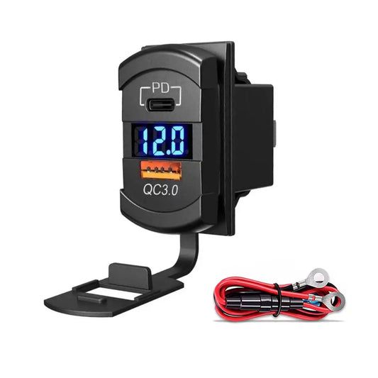 Dual USB Fast Charger With Built In Voltage Meter - USB Type A & C - Blue